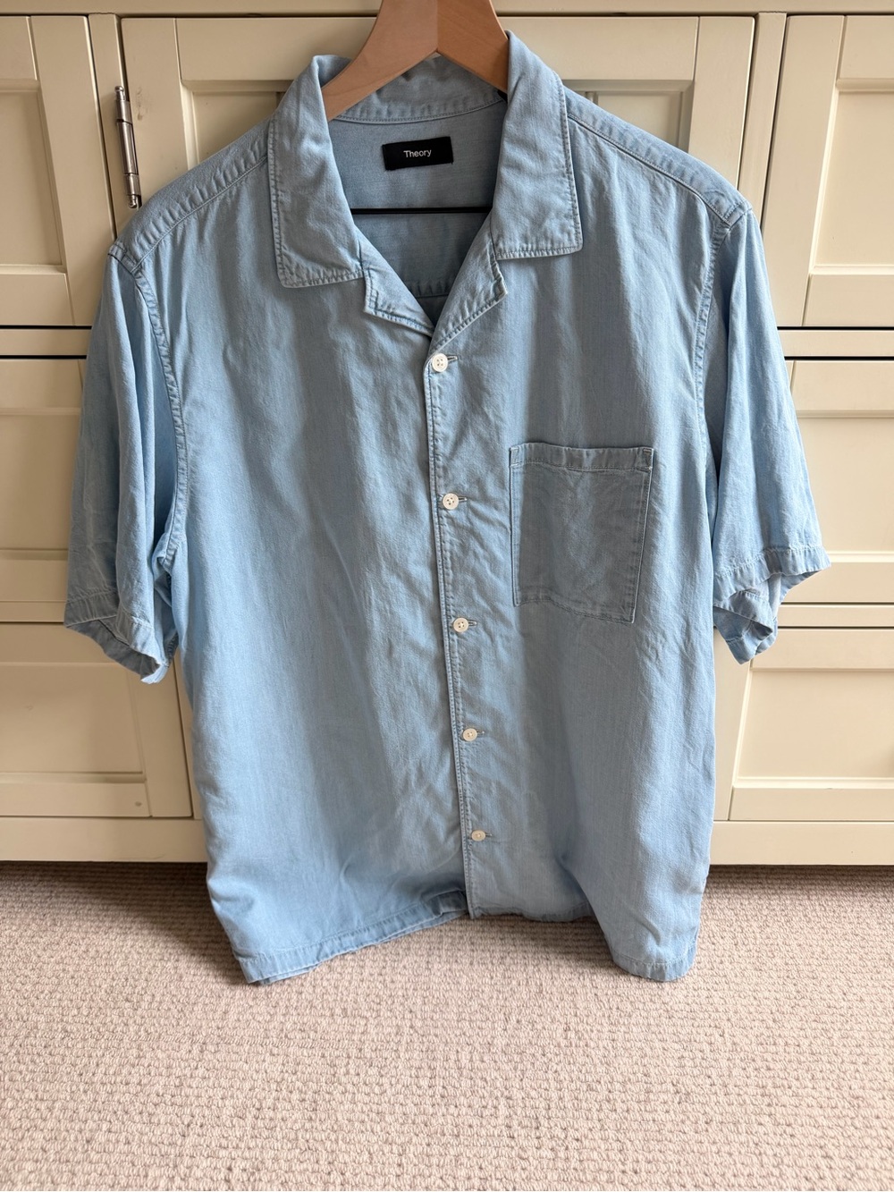 Theory Light Blue Denim Short Sleeve Camp Collar Shirt